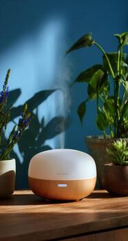 difusor en de madera superficie, rodeado por plantas, fundición oscuridad foto