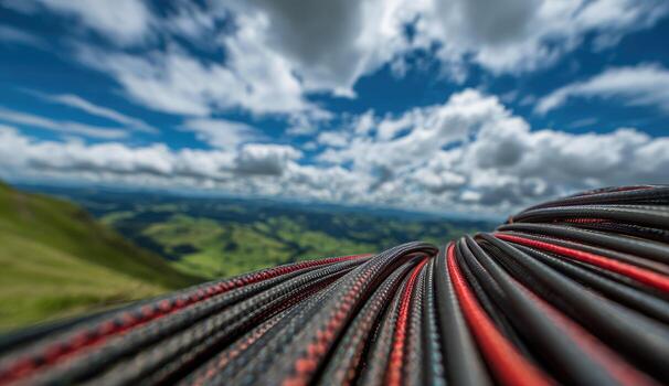 Close-up of colorful climbing ropes on mountaintop, scenic view photo