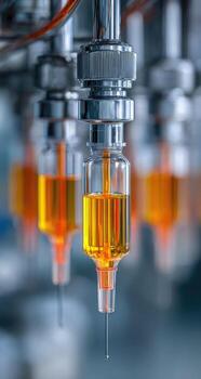 Close-up of automated liquid filling machinery with amber liquid in vials photo