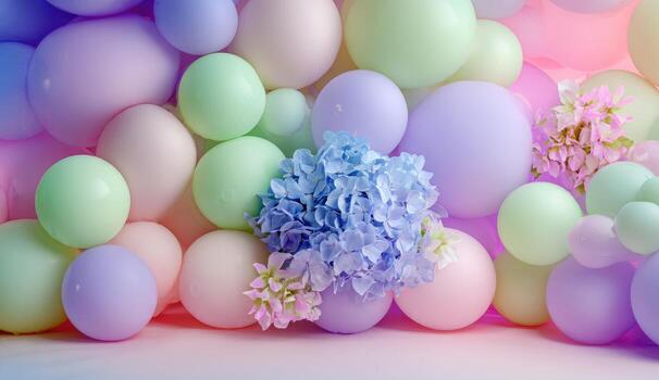 Pastel balloons and flowers create a soft, celebratory backdrop photo