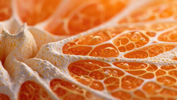 Close-up of citrus fruit flesh, showcasing intricate network of veins and tiny bubbles photo