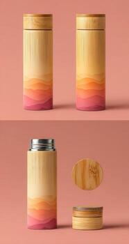 Two wooden-lidded thermoses, with a sunset-like gradient design photo