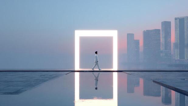 A man standing in front of a door with a city skyline in the background photo