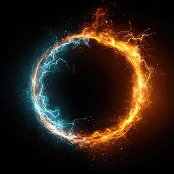 A circle of fire and light on a black background photo