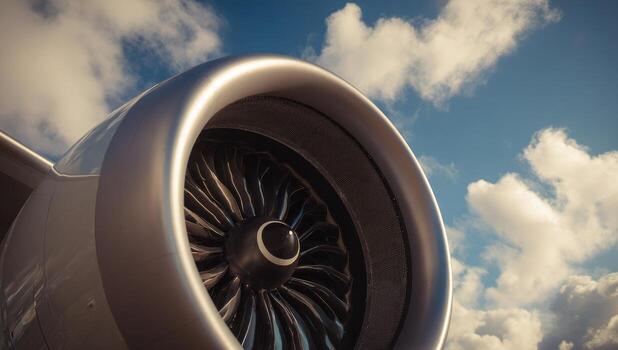 An airplane engine with a blue sky in the background photo