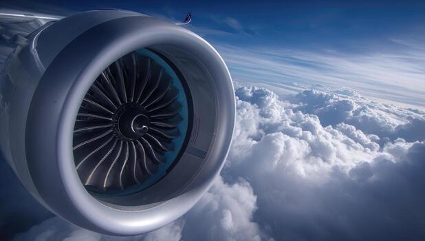 An airplane engine is seen in the sky photo