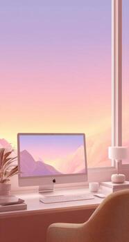 Pastel-toned home office with a computer photo