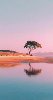 Calm beach scene at sunrise, lone tree reflected photo