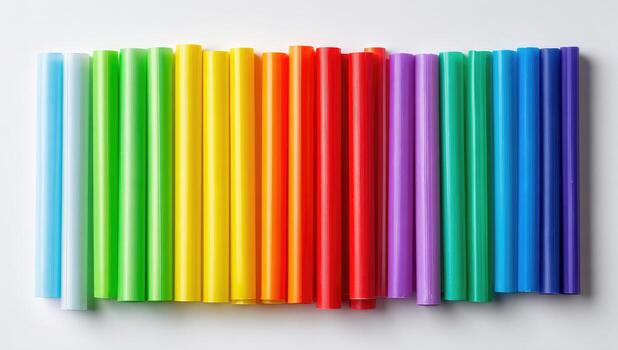 Colorful, cylindrical art supplies arranged in a spectrum, horizontal line on a white background photo