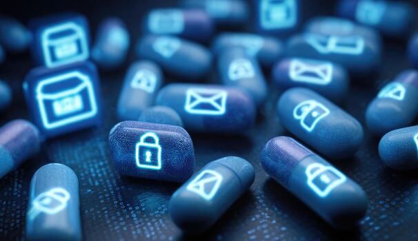 Digital pills with security and communication icons photo