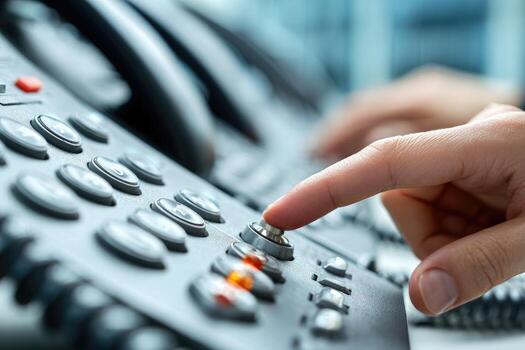 Close-up of a hand pressing a button on a gray phone system photo
