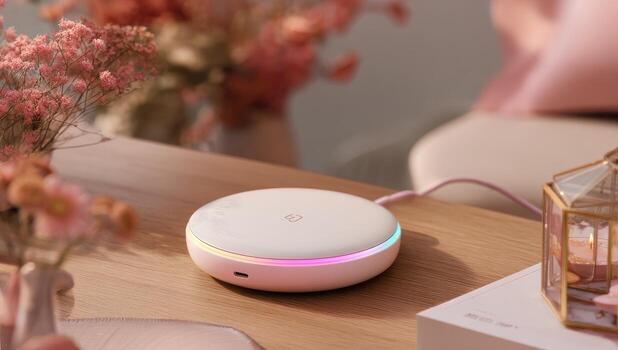 redondo, encender dispositivo en de madera mesa, rodeado por flores y decoración foto