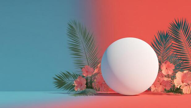 3D scene with a white sphere, hibiscus flowers, and palm fronds on a gradient background photo