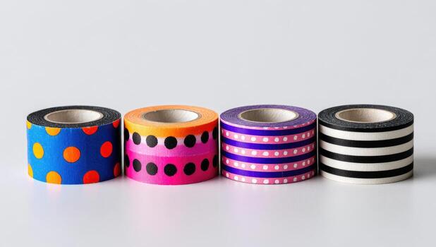 Four rolls of patterned tape in vibrant colors photo
