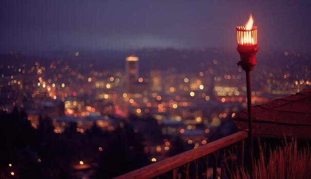 ciudad luces a crepúsculo, antorcha en primer plano foto