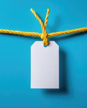 A blank white tag hangs from a yellow string against a vibrant teal background photo