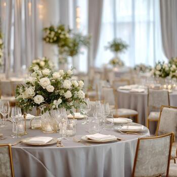 Elegant wedding reception hall, tables set with white roses and greenery photo
