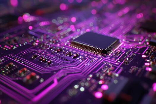 Close-up of a circuit board with a central chip, illuminated in vibrant purple photo