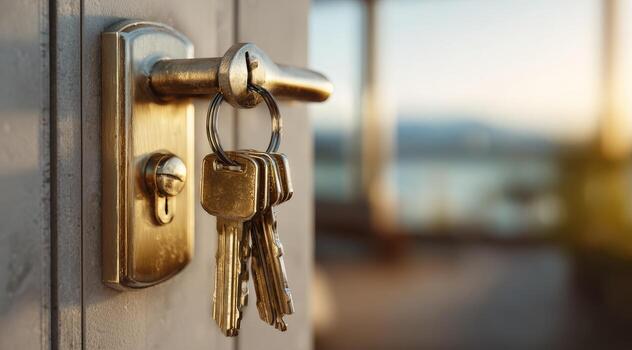 Golden keys in a door lock, soft light photo