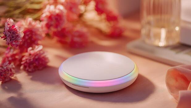 circular ligero dispositivo, suave rosado fondo, flores foto