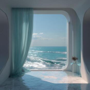 Ocean view room with light teal curtains photo