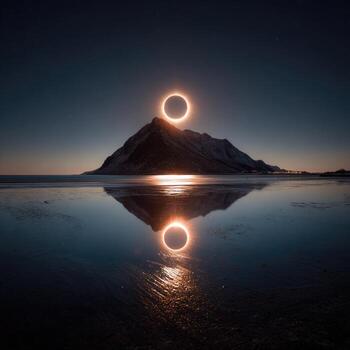 Lunar eclipse reflected on still water, mountain peak photo
