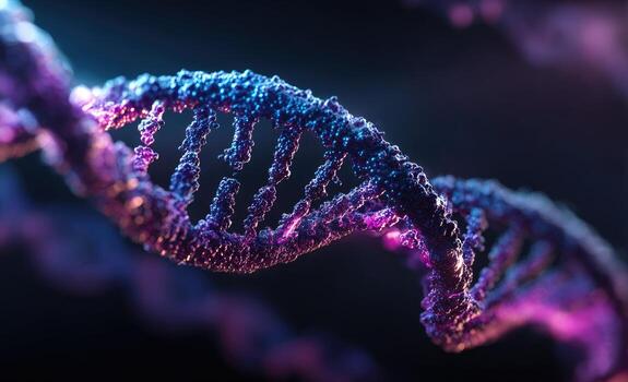 Detailed 3D rendering of DNA helix, vibrant colors, dark background photo