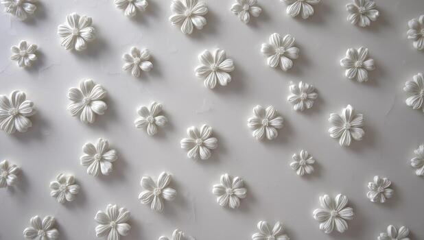 Close-up of a white cake iced with small, repeating white flower decorations photo