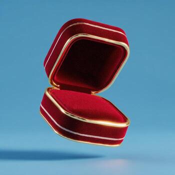 abierto rojo terciopelo anillo caja, cuadrado forma, oro recortar, flotante en un ligero azul antecedentes foto