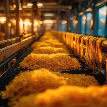 Yellow yarn bundles on a conveyor belt in a factory photo