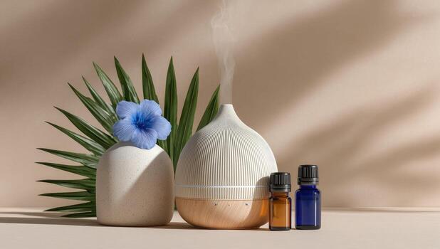 beige difusor, esencial aceites, y tropical flor foto