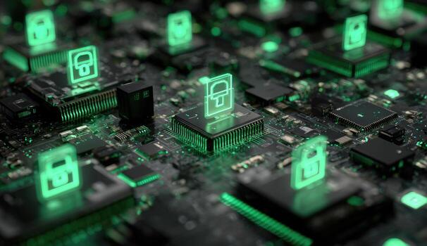 Close-up circuit board with glowing green lock icons photo