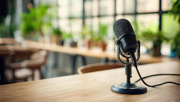Black microphone on wooden table, blurred background photo