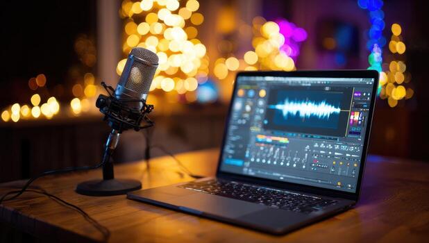 Laptop with audio software, microphone, and holiday lights photo