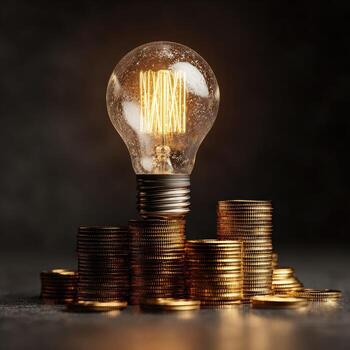 Glowing lightbulb atop stacks of gold coins photo