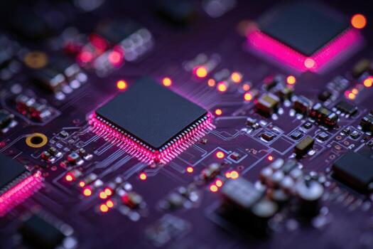 Close-up of circuit board with illuminated chip photo