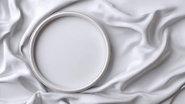 Empty white round frame on draped white fabric photo
