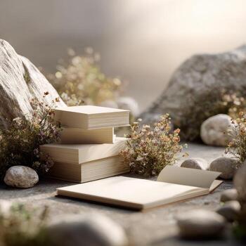 Soft-lit, beige books and notebook on rocks, surrounded by wildflowers photo