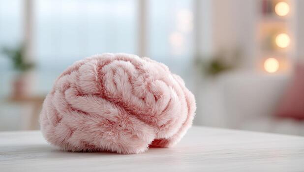 Soft pink brain model on white table, blurred background photo