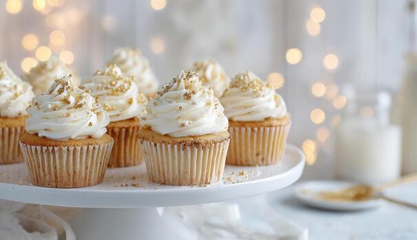 festivo magdalenas coronado con oro asperja y cremoso Crema en un blanco estar en contra un bokeh antecedentes foto