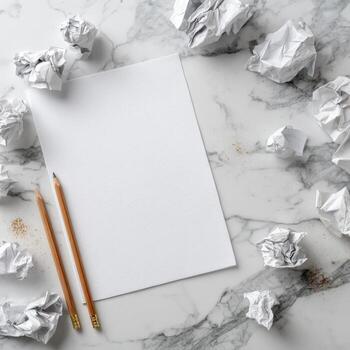 Blank paper surrounded by crumpled papers on marble photo