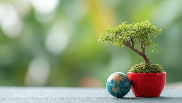 Small bonsai tree in red pot beside a miniature globe on a textured surface against a blurred green background photo