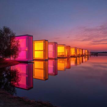 Floating, illuminated cubic structures on a calm lake at sunset photo