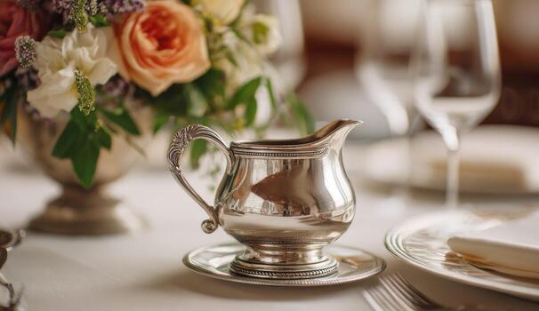Silver creamer on a table with flowers photo