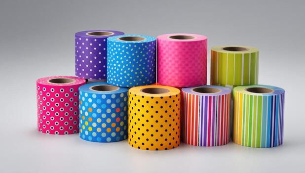 Colorful rolls of patterned ribbon photo