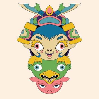 Whimsical Totem of Animated Creatures A Playful Composition vector