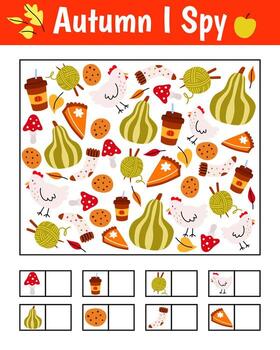 Autumn I spy game. Searching and counting activity for children with cute objects. vector