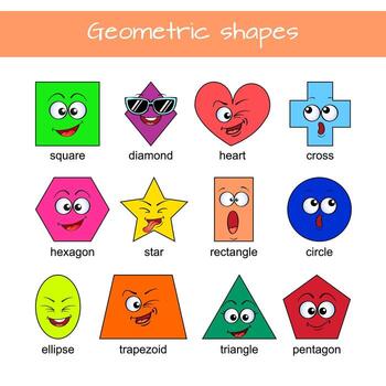 Learn geometric shapes. Geometric shapes with cartoon face. Educational material for preschool kids. Square, heart, triangle, hexagon, circle, star, trapezoid, diamond, cross, rectangle, ellipse, pent vector