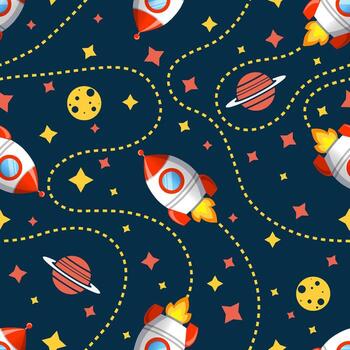 Seamless cosmic pattern with rocket, saturn, moon and star. Space pattern on dark background vector
