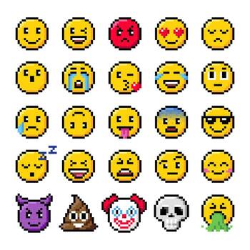 Pixel art emoji set. Pixelated illustration of emoticon with different expressions. Retro 8 bit pixel faces with emotions for game vector